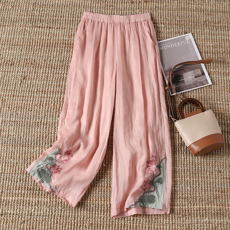 【100% Coton】 Pantalons Décontractés Avec Fleurs Brodées