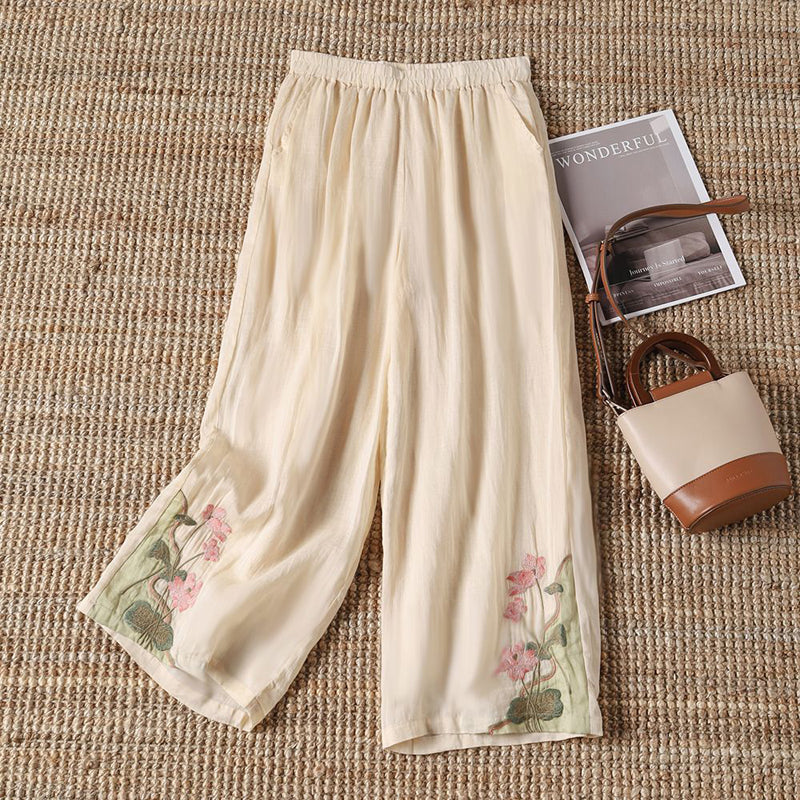 【100% Coton】 Pantalons Décontractés Avec Fleurs Brodées