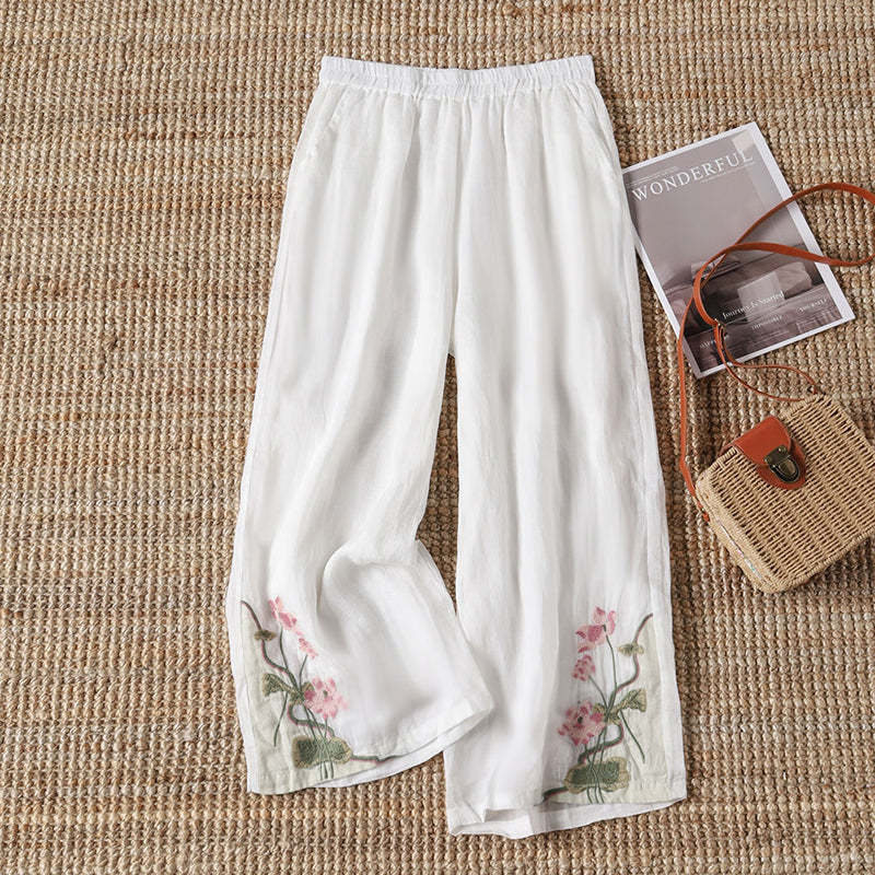 【100% Coton】 Pantalons Décontractés Avec Fleurs Brodées