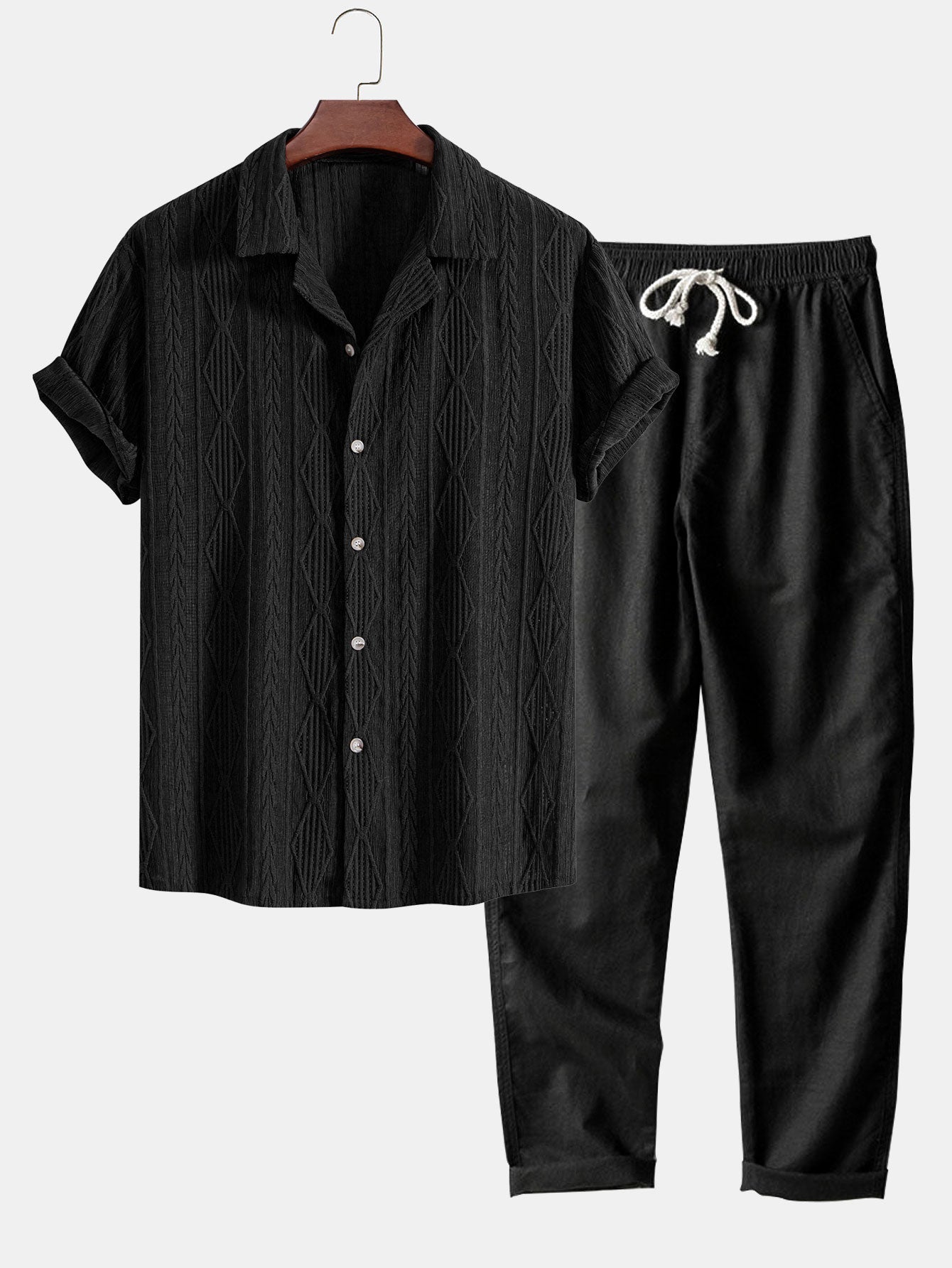 Chemise Cubane Jacquard Géométrique & Pantalons en Lin à Jambe Droite