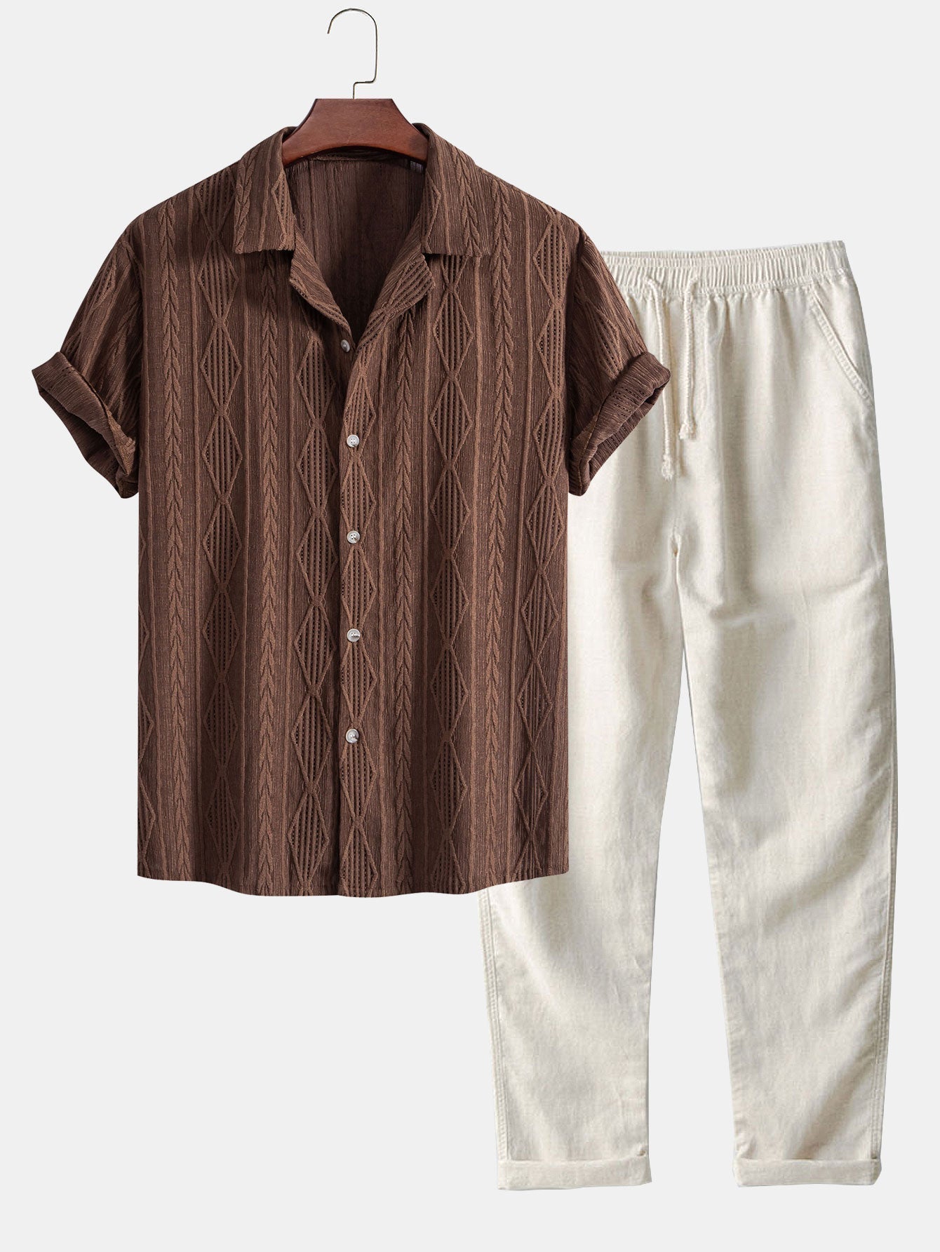 Chemise Cubane Jacquard Géométrique & Pantalons en Lin à Jambe Droite