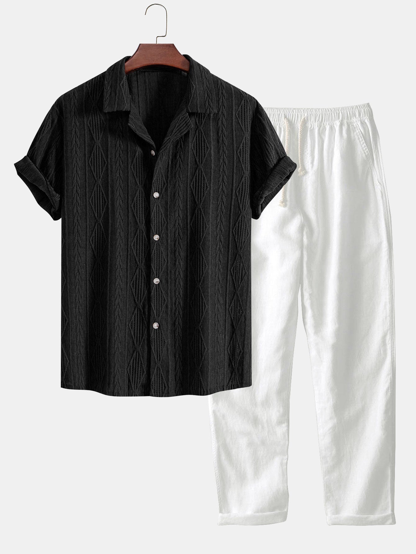 Chemise Cubane Jacquard Géométrique & Pantalons en Lin à Jambe Droite