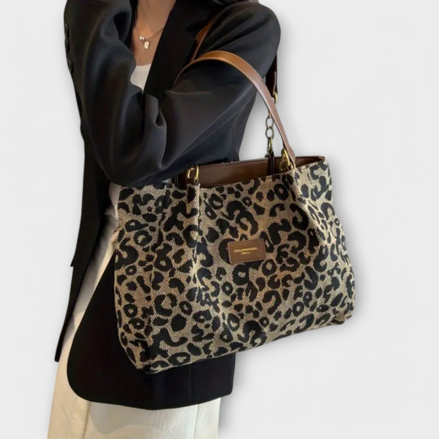 Aurellia - Sac à bandoulière en toile imprimé léopard avec poches, idéal pour l'école et le shopping