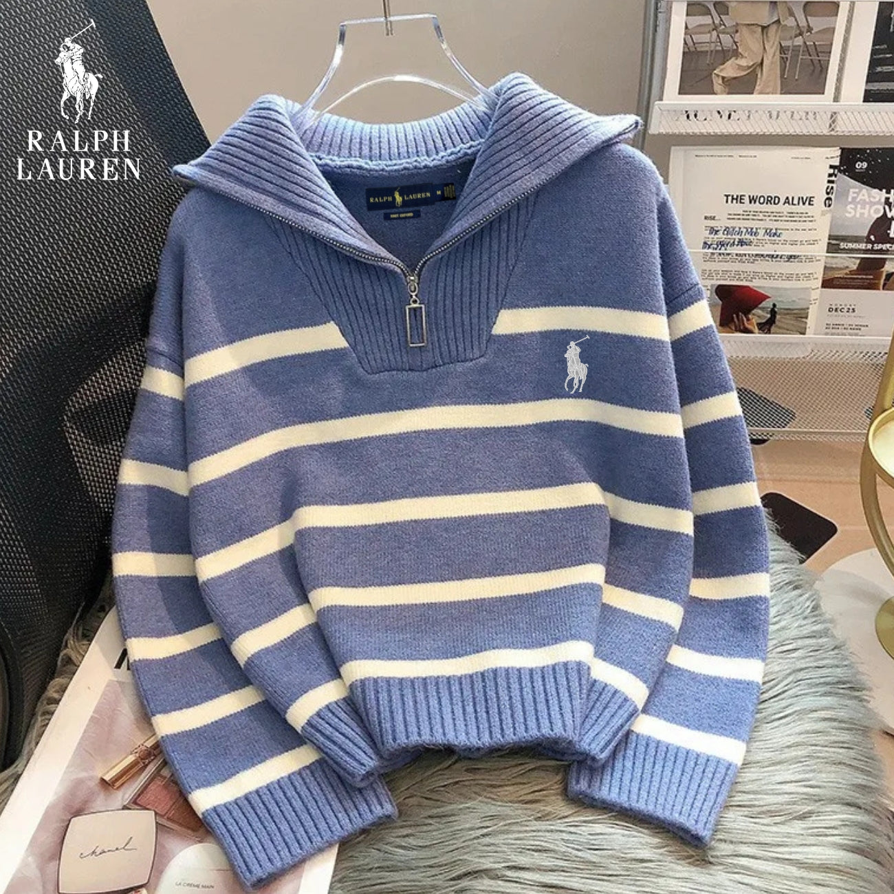 RL – Pull à Rayures avec Zip Quart