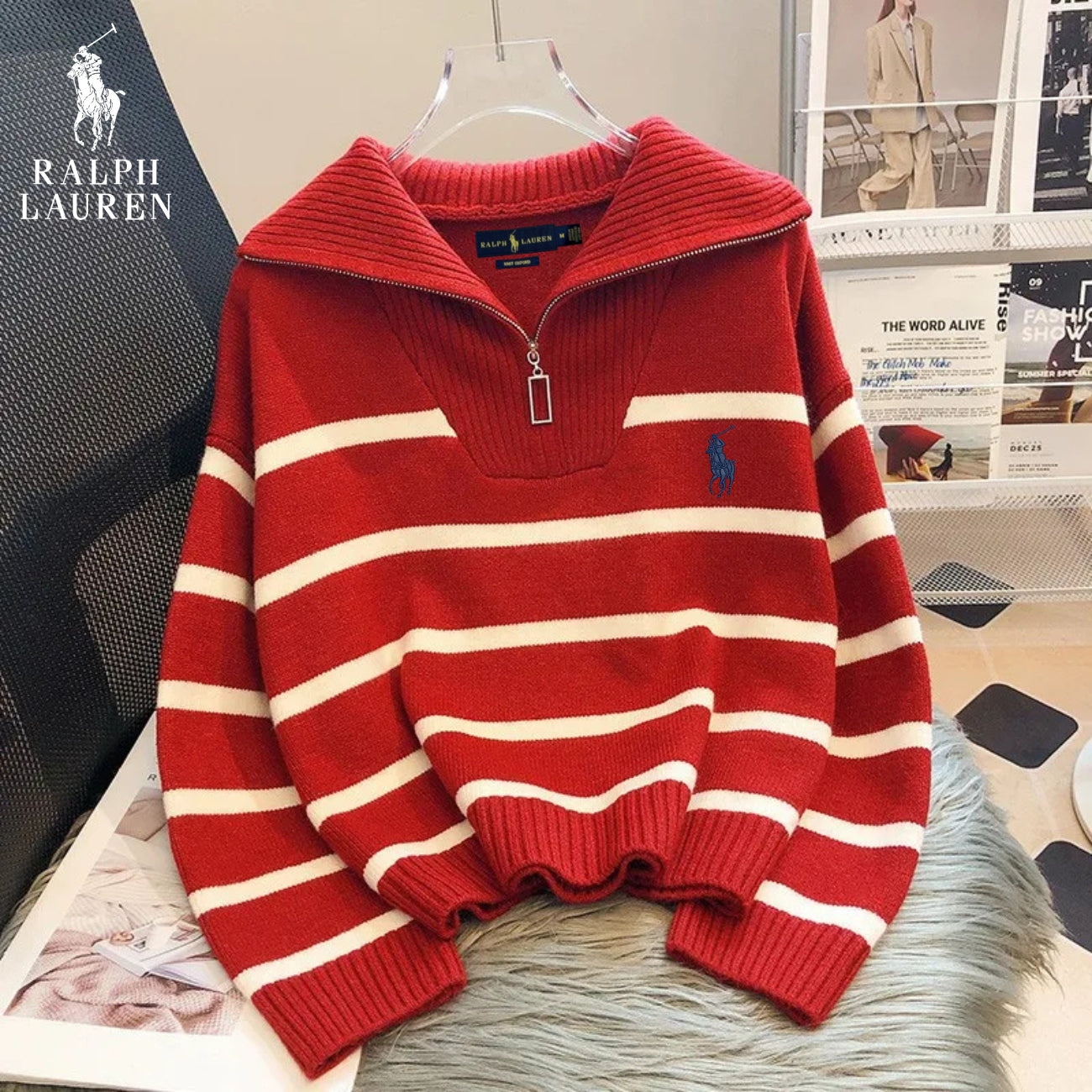 RL – Pull à Rayures avec Zip Quart