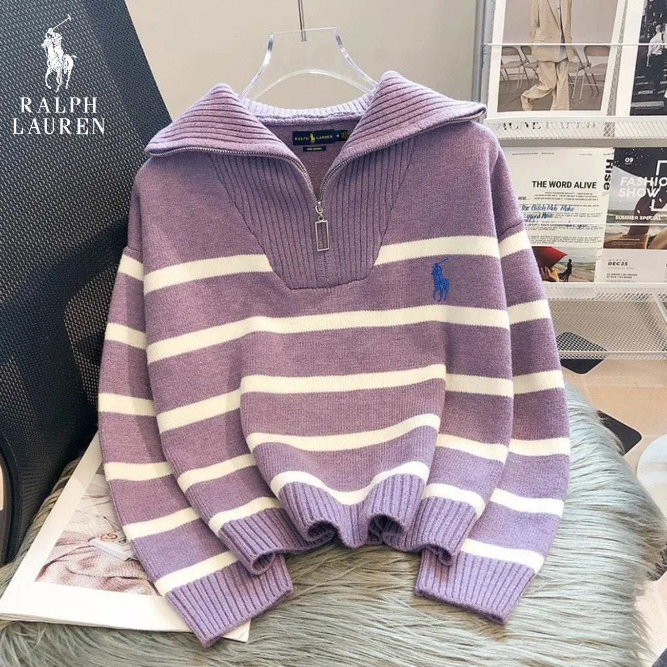 RL – Pull à Rayures avec Zip Quart