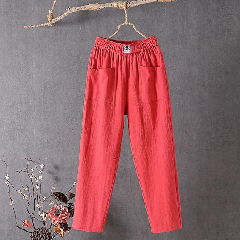 【Coton et Lin】Pantalons Casual de Couleur Unie