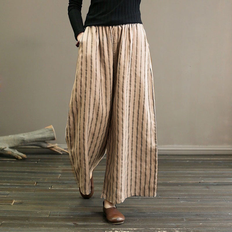 【Coton et Lin】Pantalons Décontractés à Rayures avec Jambes Larges
