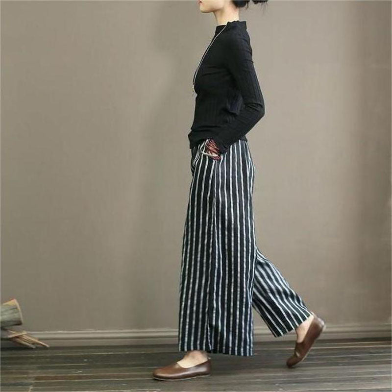 【Coton et Lin】Pantalons Décontractés à Rayures avec Jambes Larges