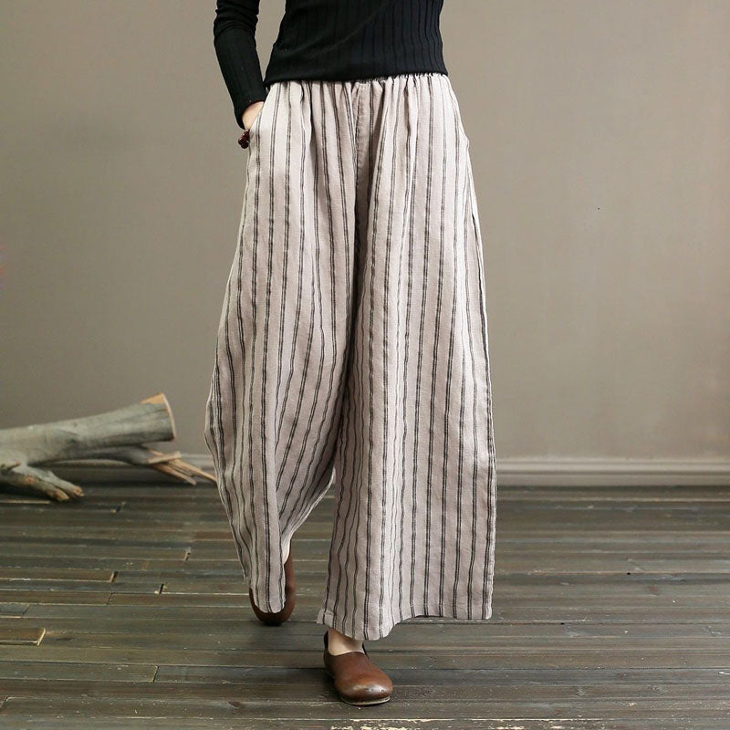 【Coton et Lin】Pantalons Décontractés à Rayures avec Jambes Larges