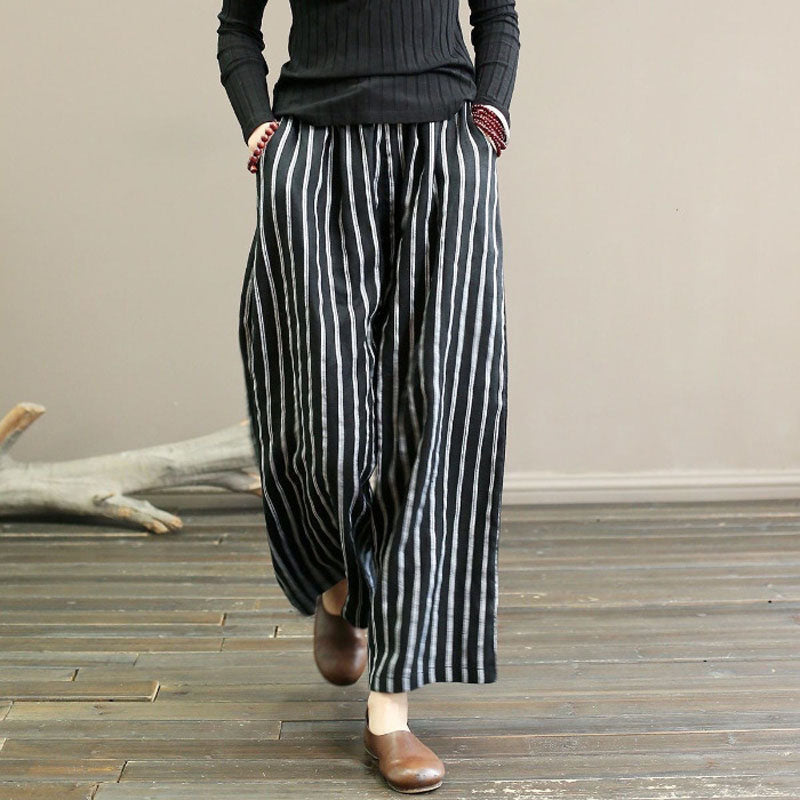 【Coton et Lin】Pantalons Décontractés à Rayures avec Jambes Larges