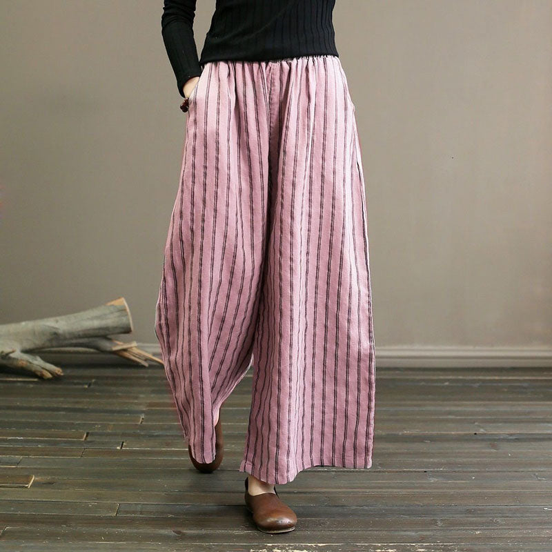 【Coton et Lin】Pantalons Décontractés à Rayures avec Jambes Larges