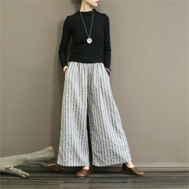 【Coton et Lin】Pantalons Décontractés à Rayures avec Jambes Larges