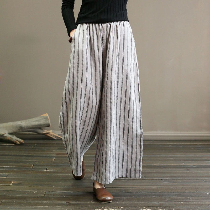 【Coton et Lin】Pantalons Décontractés à Rayures avec Jambes Larges