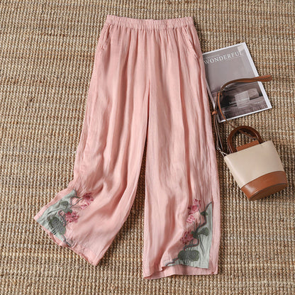 【100% Coton】 Pantalons Décontractés Avec Fleurs Brodées