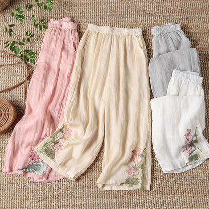 【100% Coton】 Pantalons Décontractés Avec Fleurs Brodées