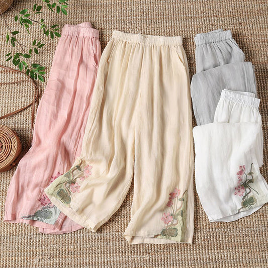 【100% Coton】 Pantalons Décontractés Avec Fleurs Brodées