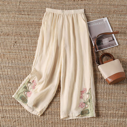 【100% Coton】 Pantalons Décontractés Avec Fleurs Brodées