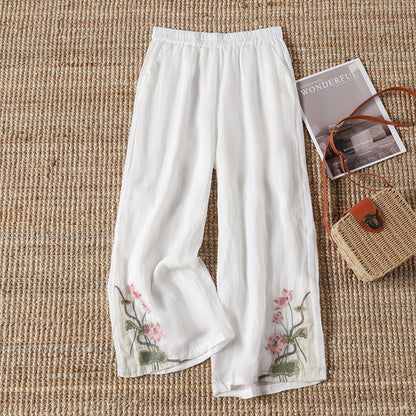 【100% Coton】 Pantalons Décontractés Avec Fleurs Brodées