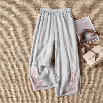 【100% Coton】 Pantalons Décontractés Avec Fleurs Brodées