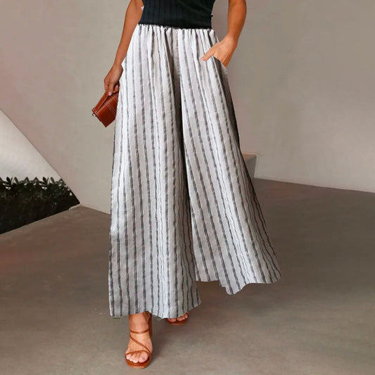 【Coton et Lin】Pantalons Décontractés à Rayures avec Jambes Larges
